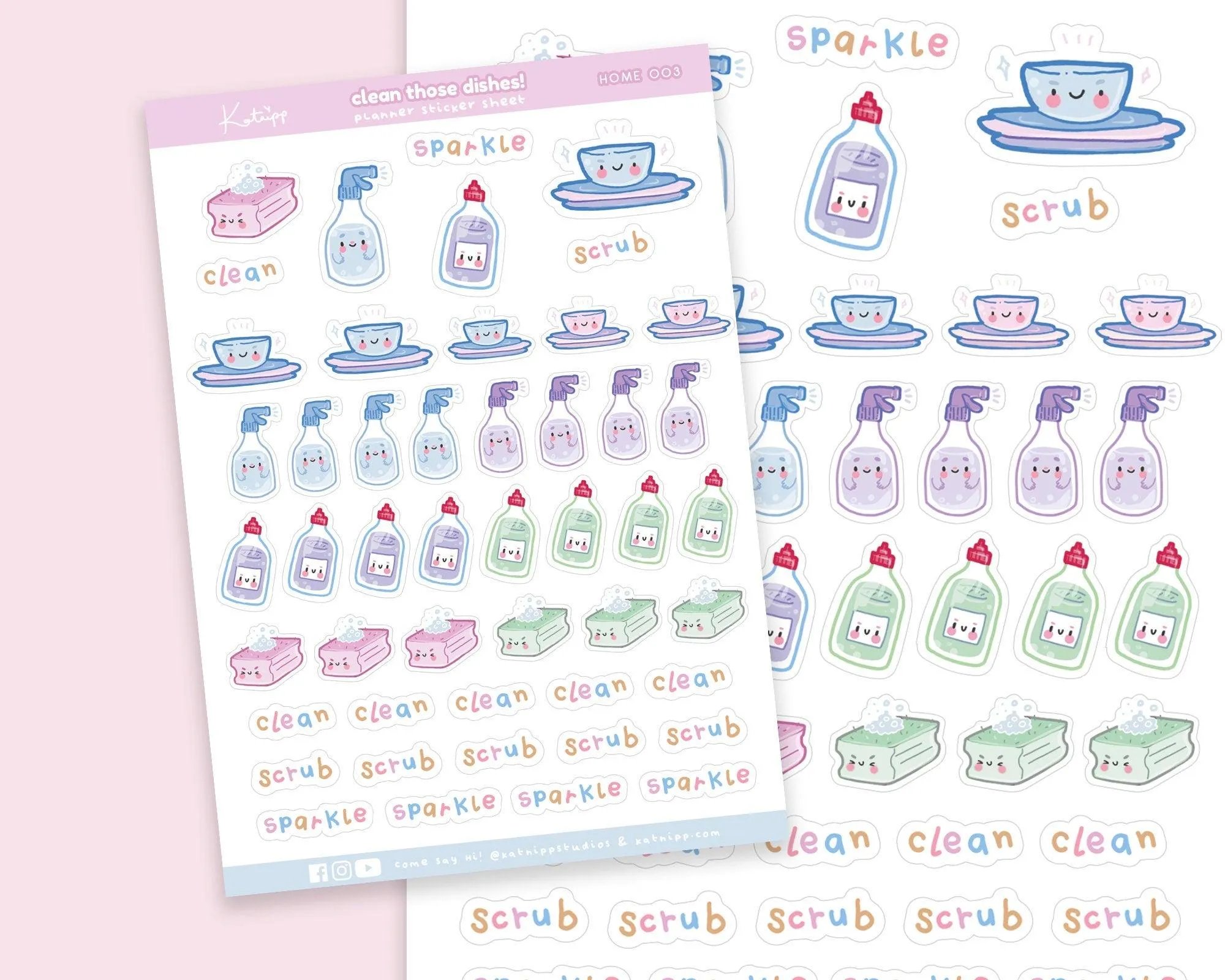 Clean Those Dishes Sticker Sheet | Kawaii Cleaning Stickers | A6 Pastel Kitchen Accessory Stickers | HOME003