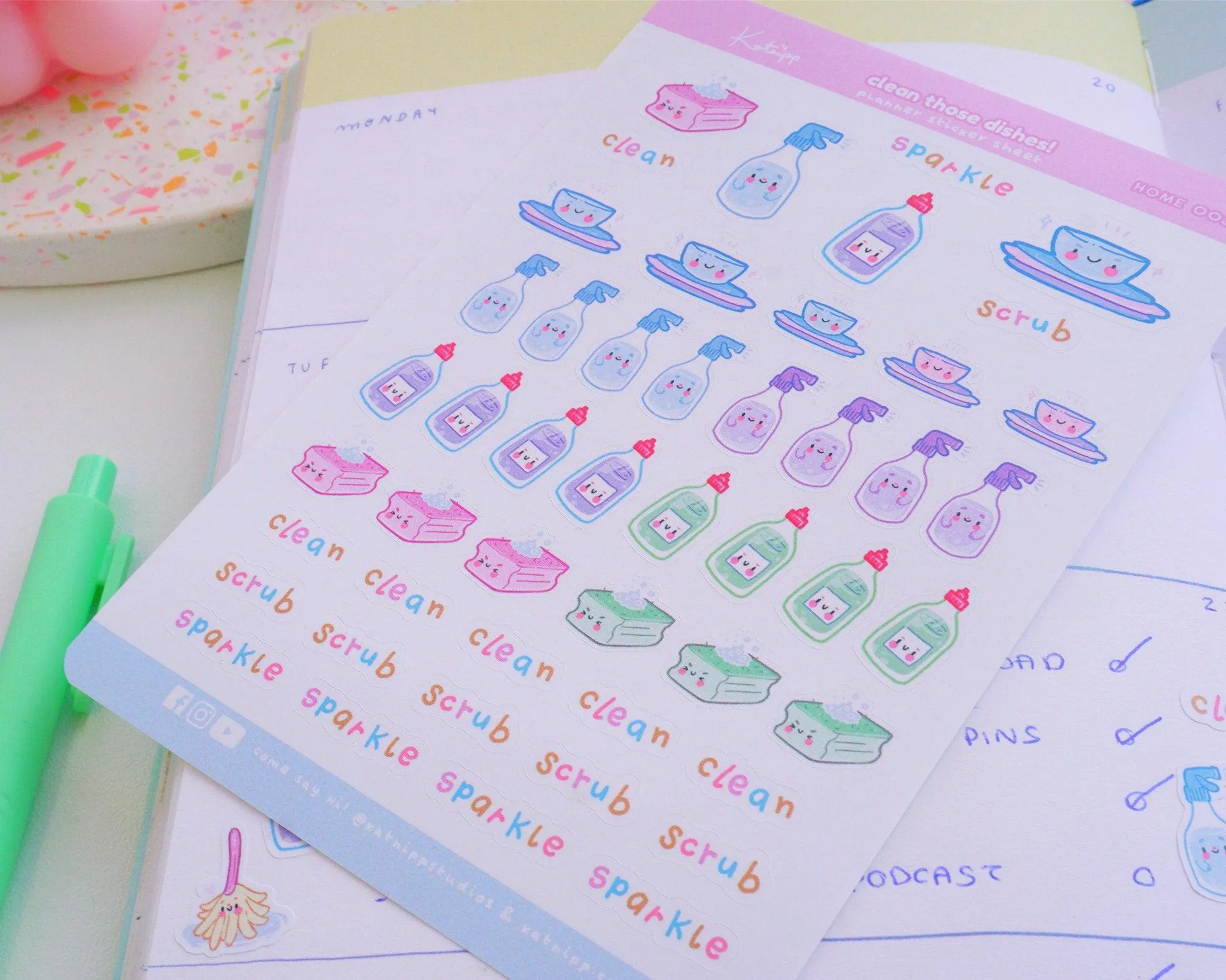Clean Those Dishes Sticker Sheet | Kawaii Cleaning Stickers | A6 Pastel Kitchen Accessory Stickers | HOME003