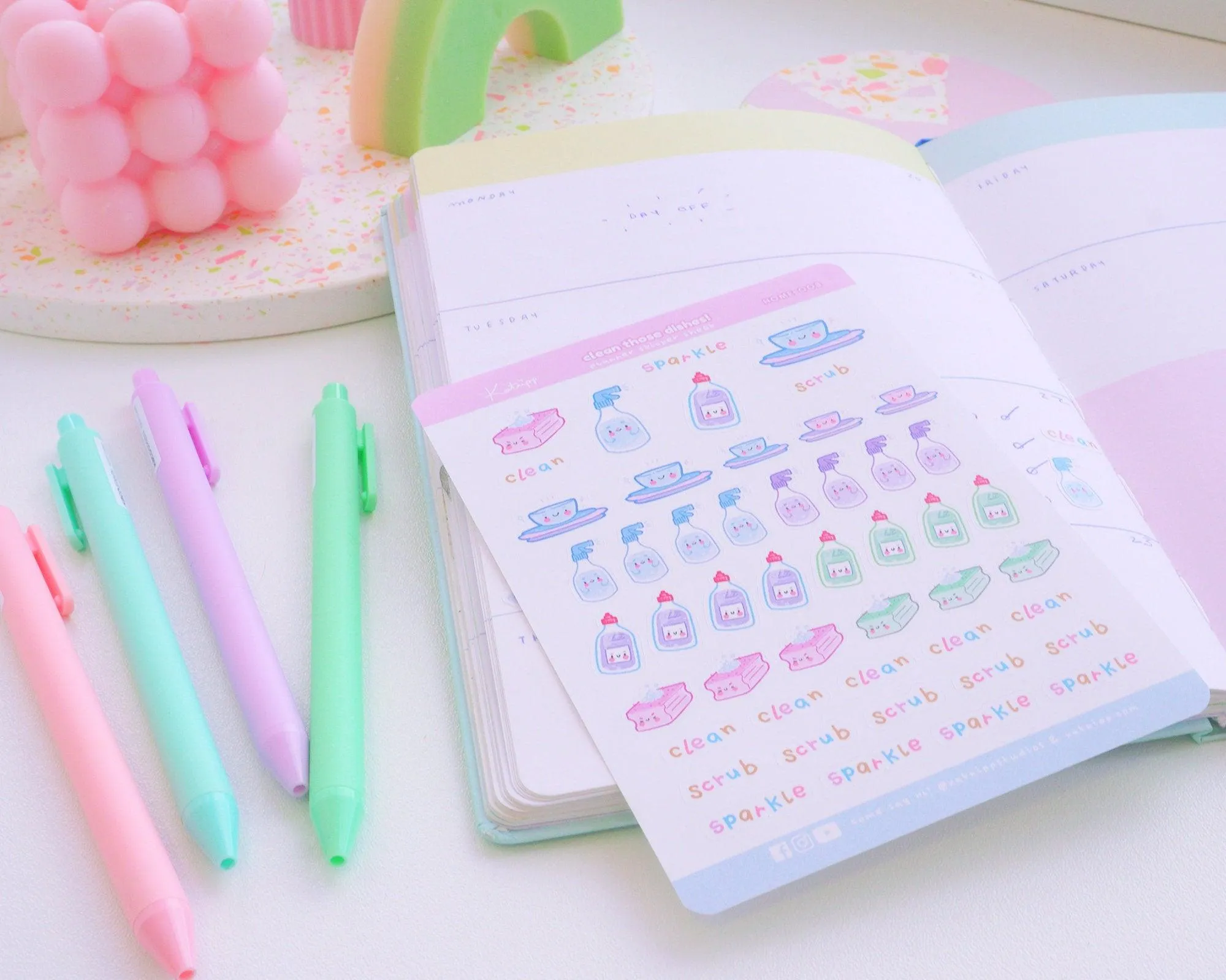 Clean Those Dishes Sticker Sheet | Kawaii Cleaning Stickers | A6 Pastel Kitchen Accessory Stickers | HOME003