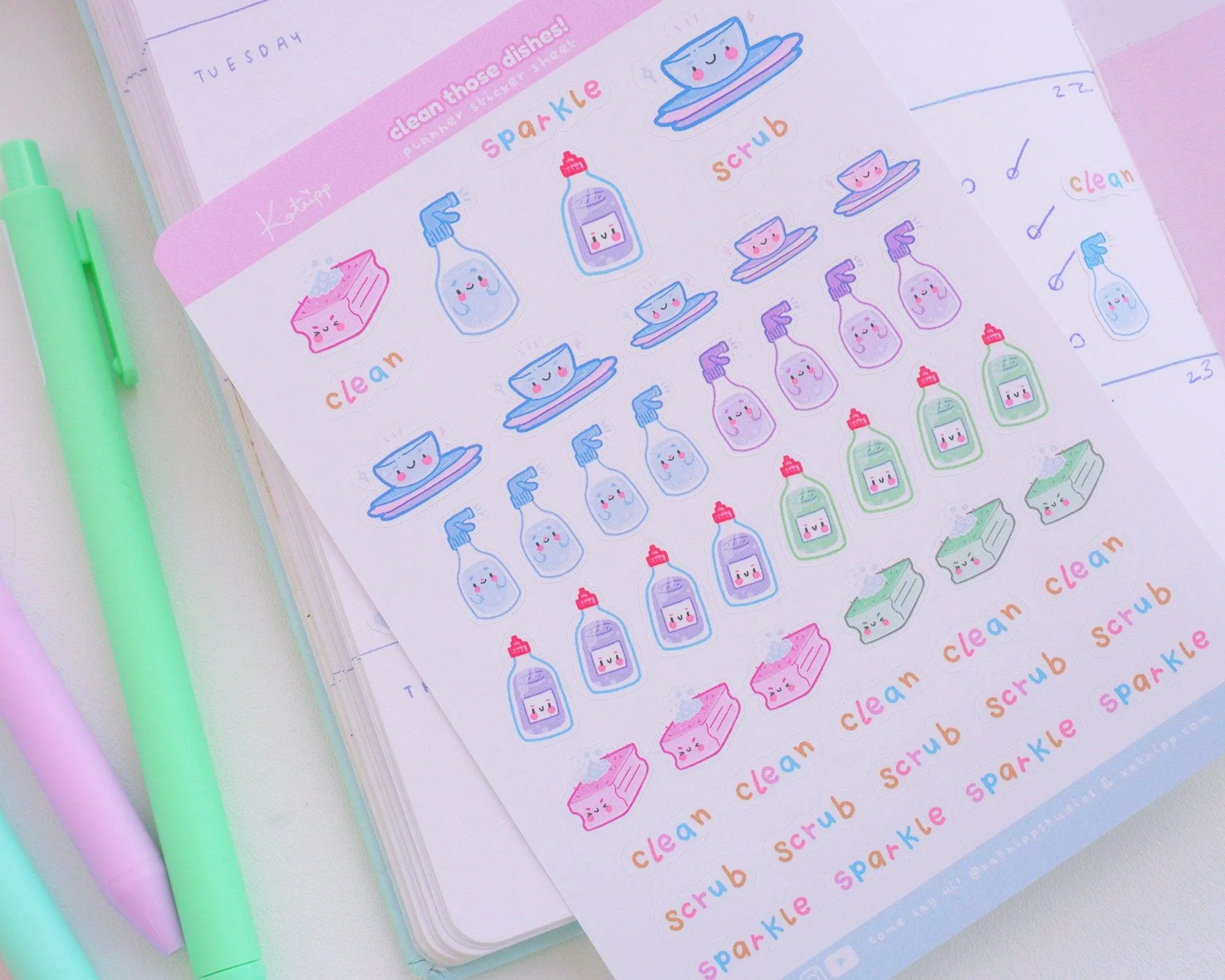 Clean Those Dishes Sticker Sheet | Kawaii Cleaning Stickers | A6 Pastel Kitchen Accessory Stickers | HOME003