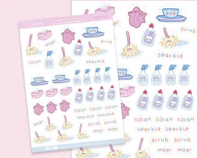 Cleaning & Chores Sticker Sheet | Kawaii Home Cleaning Stickers | A6 Pastel Organiser Stickers | HOME 001