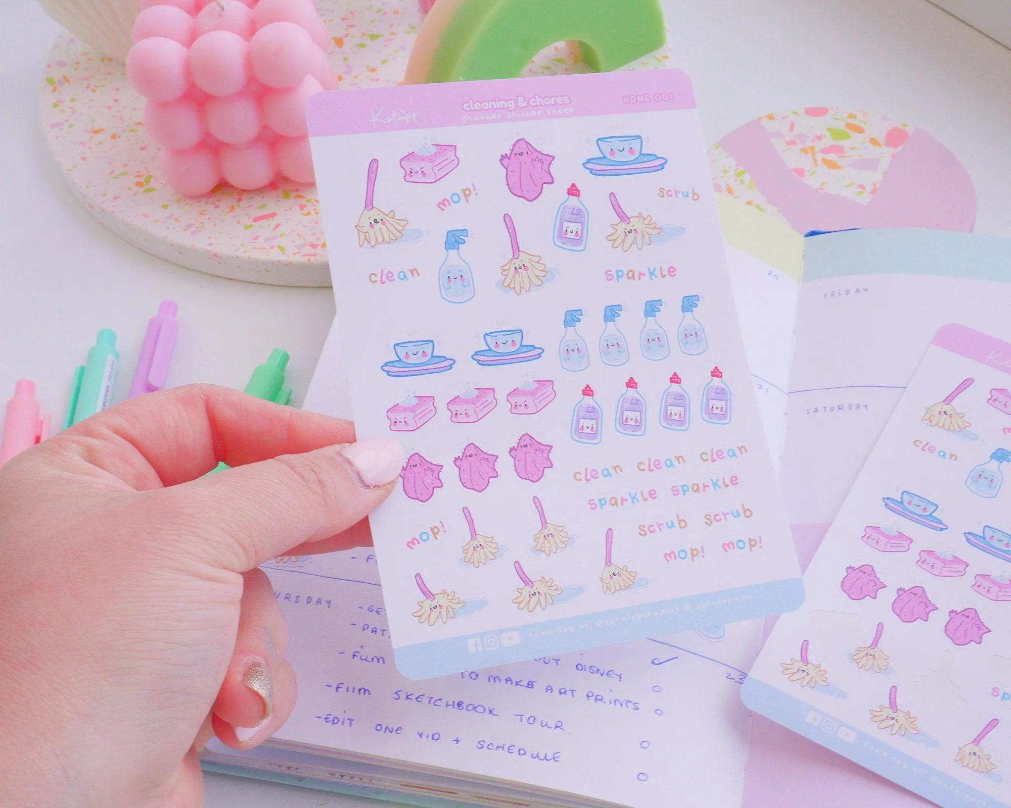 Cleaning & Chores Sticker Sheet | Kawaii Home Cleaning Stickers | A6 Pastel Organiser Stickers | HOME 001