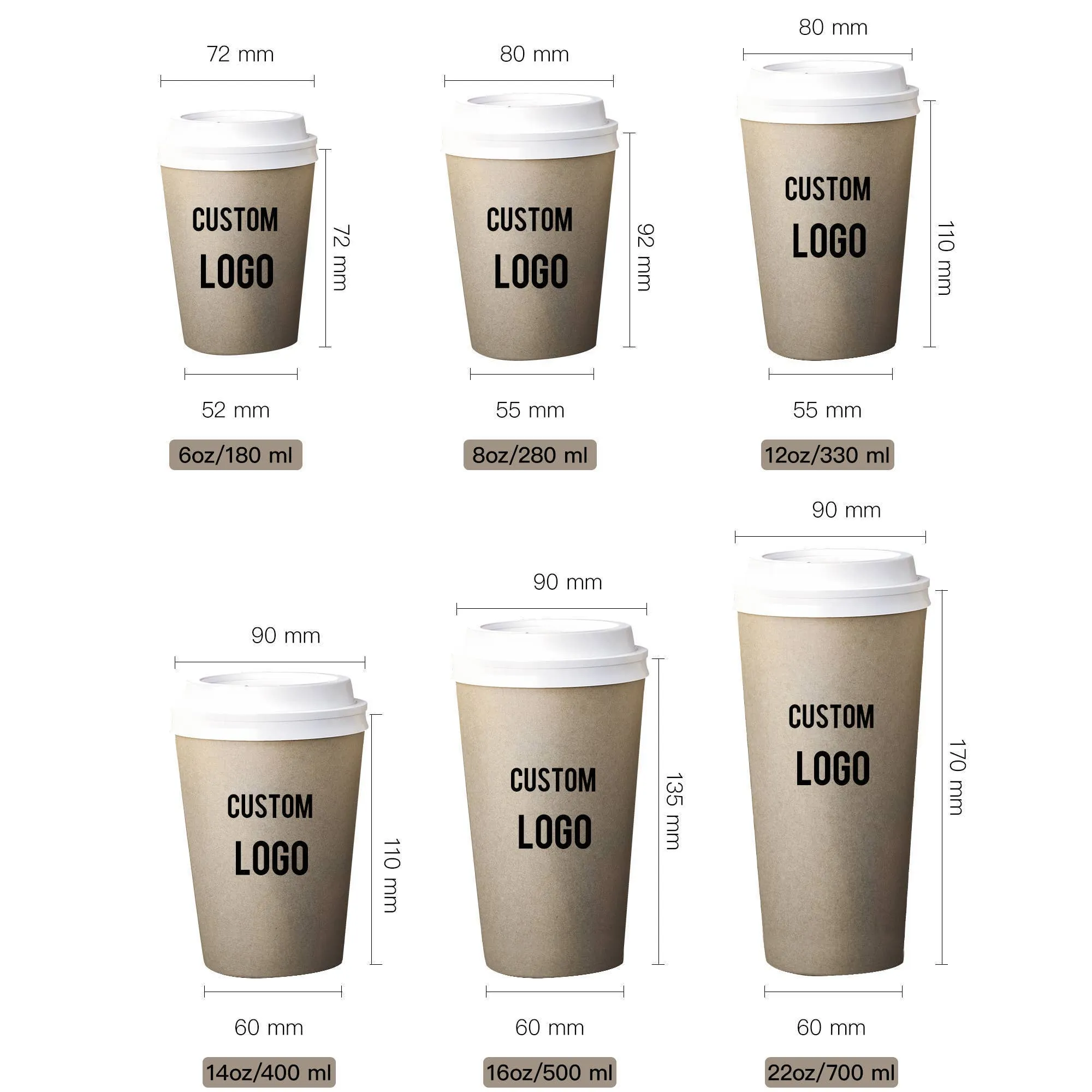 Custom Personalized Disposable Brown Coffee Cup with Lid - 1000 Pcs